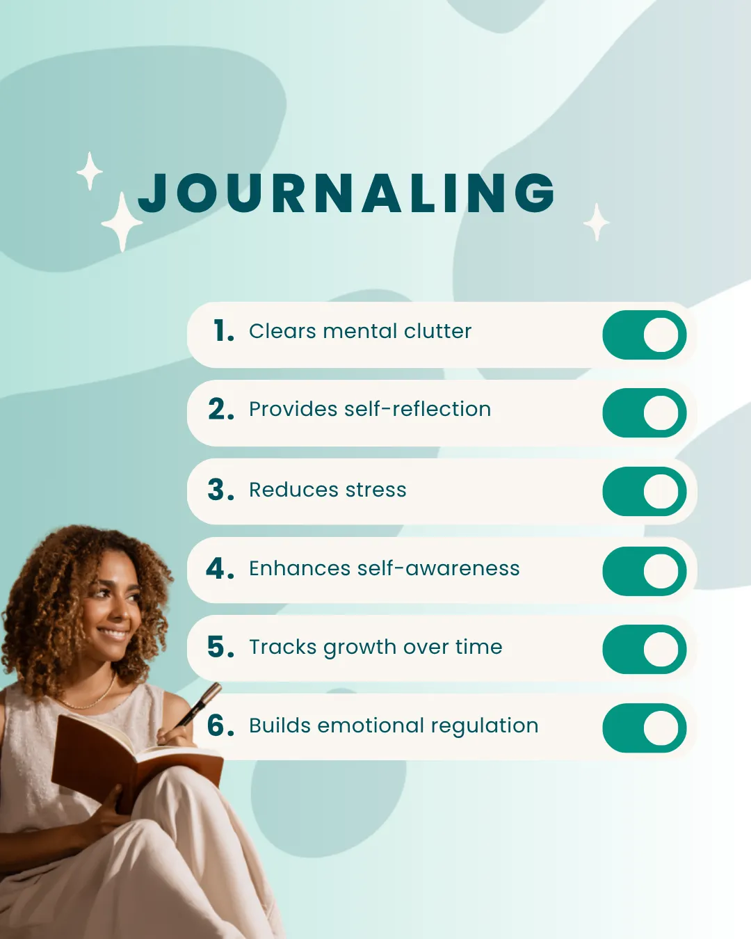 A person smiling while writing in a journal, highlighting the benefits of journaling for mental and emotional health.
