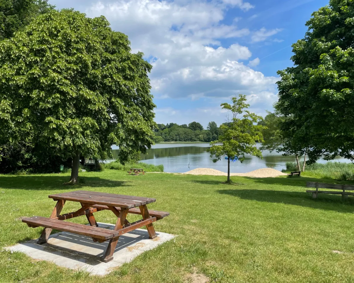 Picnic table with a lake view at Lunker Landing Resort