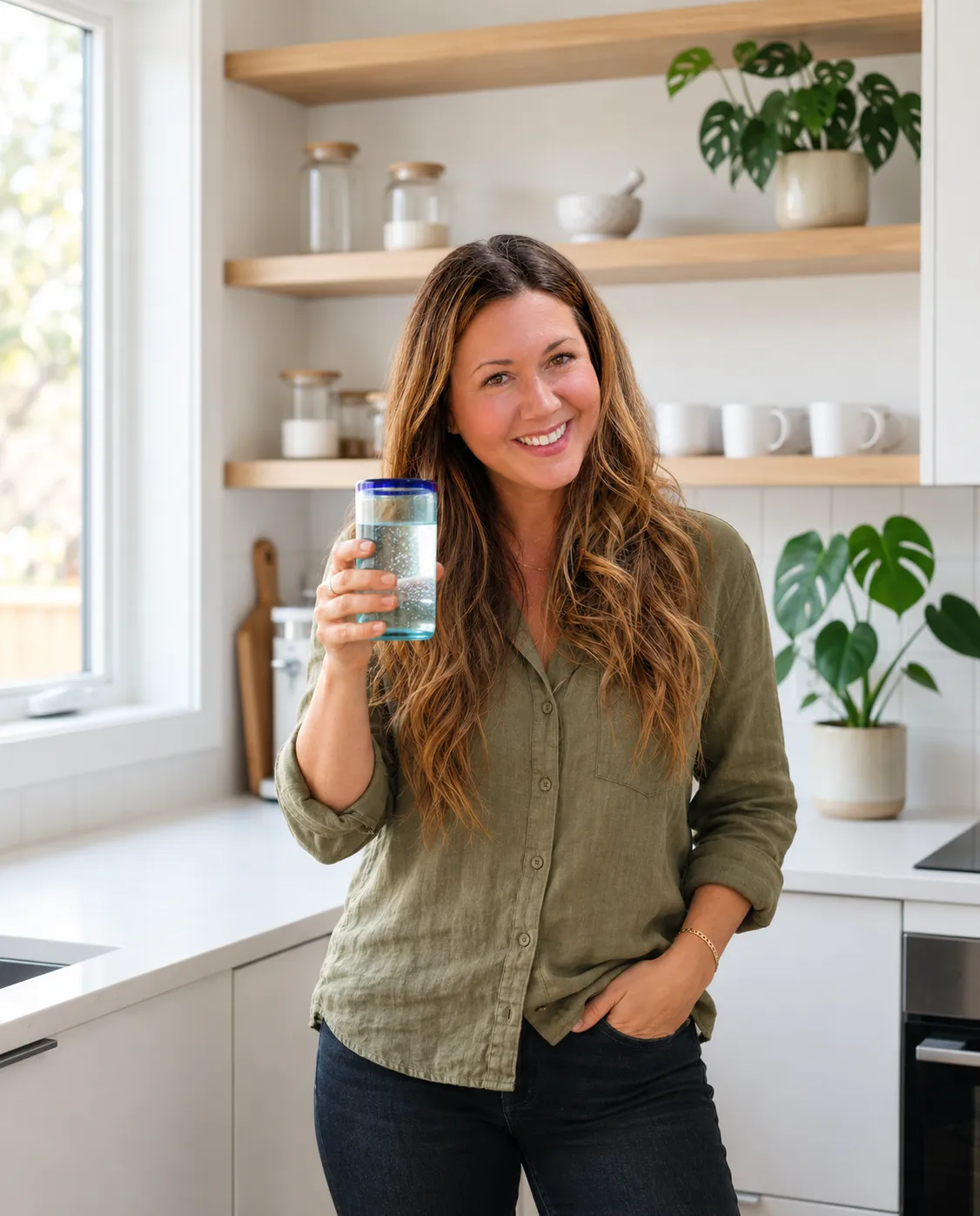 Warm and approachable Clovis community host in a bright minimalist wellness kitchen holding freshly poured water