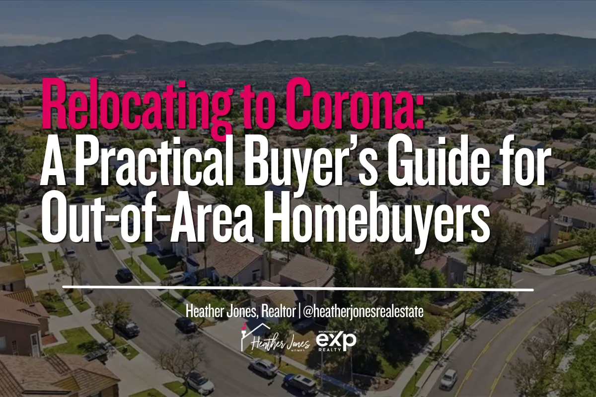 Aerial view of Corona neighborhood with moving boxes and buyer checklist overlay