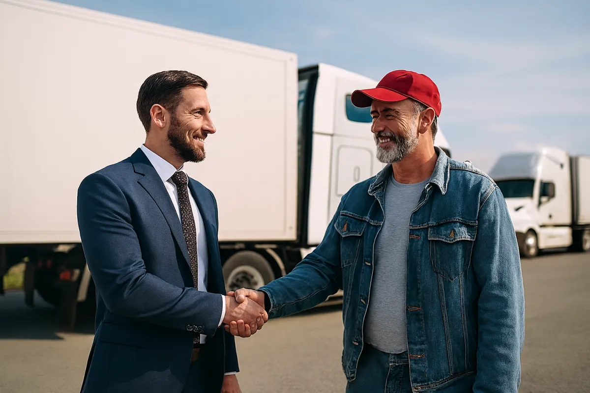 ecruiter and CDL driver shaking hands beside a truck, representing partnership and recruitment services.