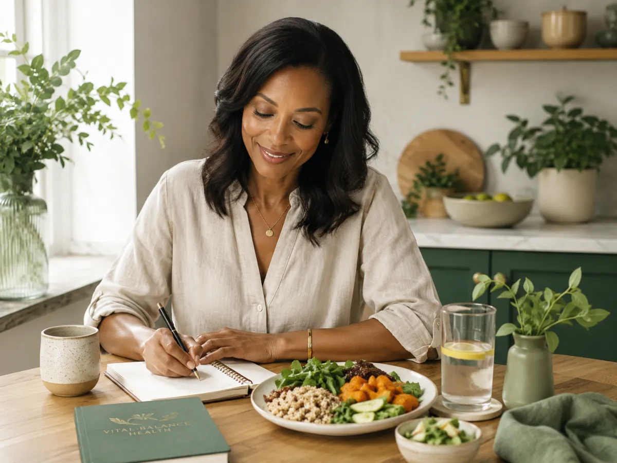 Woman journaling while enjoying a healthy meal in a bright kitchen, representing personalized functional medicine health coaching at Vital-Balance Health.