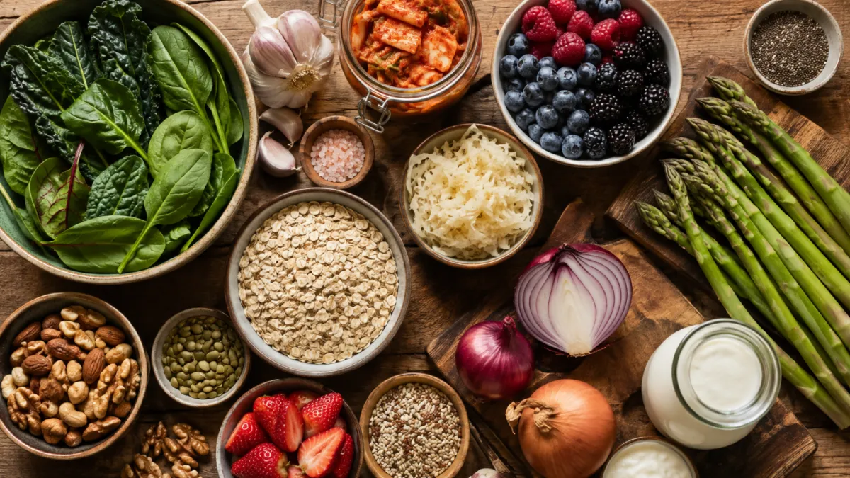 Flat lay of colorful whole foods including leafy greens, fermented vegetables, and prebiotic-rich produce that support gut microbiome health