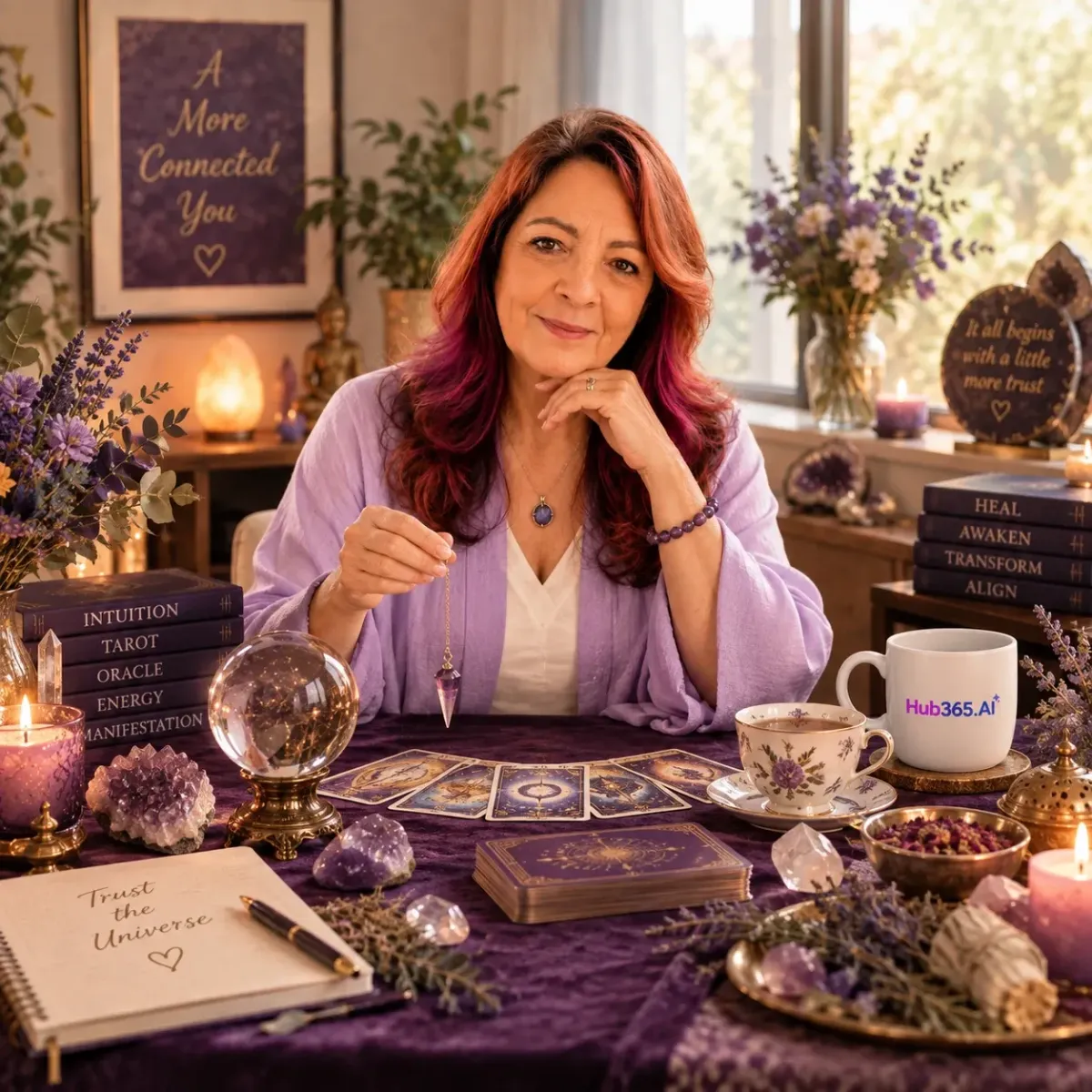 Tabletop with tarot cards, pendulum, and teacup glowing softly