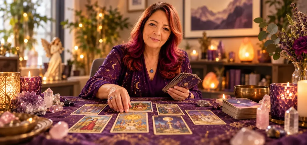 Tarot and oracle cards side by side in candlelight, with Nancy Laporta