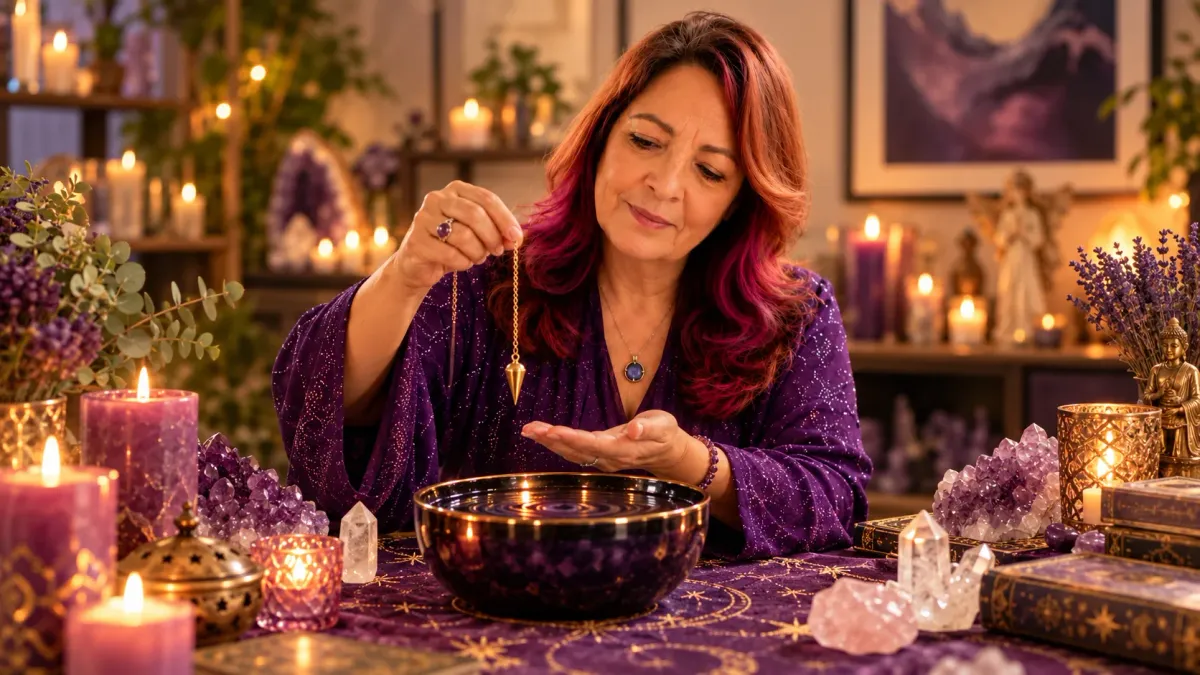 A pendulum and a scrying bowl in candlelight, with Nancy Laporta
