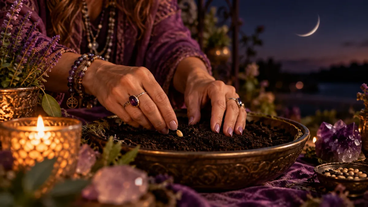 A dark sky with a thin new moon over a calm landscape, with Nancy Laporta