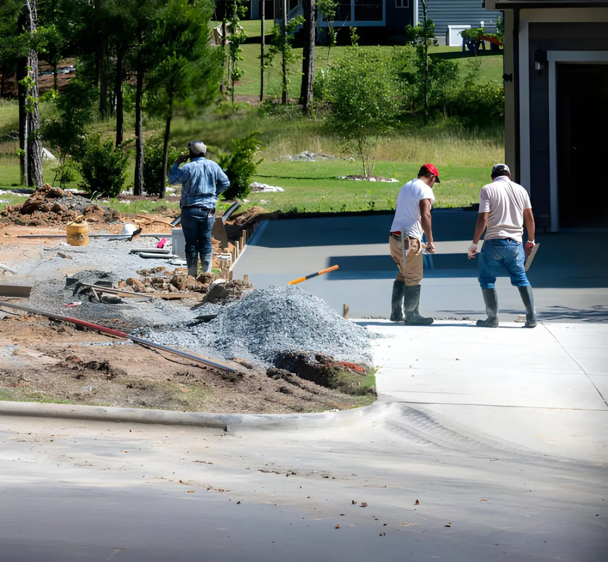 Skilled crew from a concrete driveway company near me laying fresh concrete
