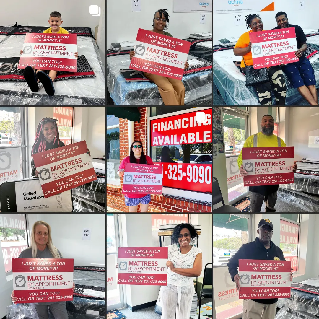 a collage of nine happy customer photos holding a mattress by appointment sign and giving a thumbs up