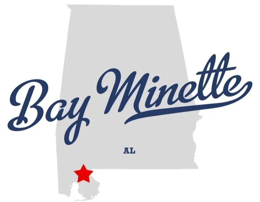 an image with Bay Minette marked by a red star on a grey Alabama state