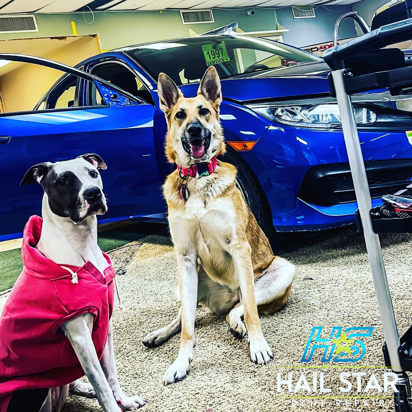 Photograph of safety checks being documented on a tablet with repair center safety signage in the background, high detail photorealistic.