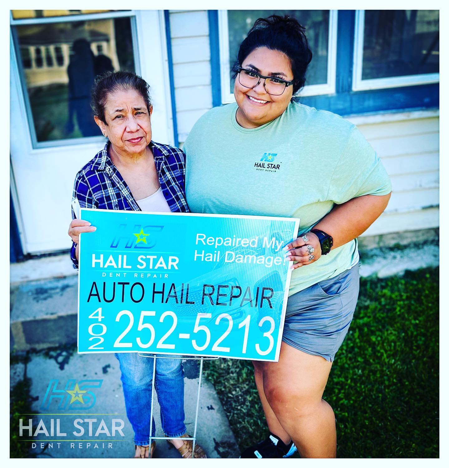 Team portrait of diverse ForgeFix Auto service staff smiling in front of center, warm daylight, friendly and authentic tone.
