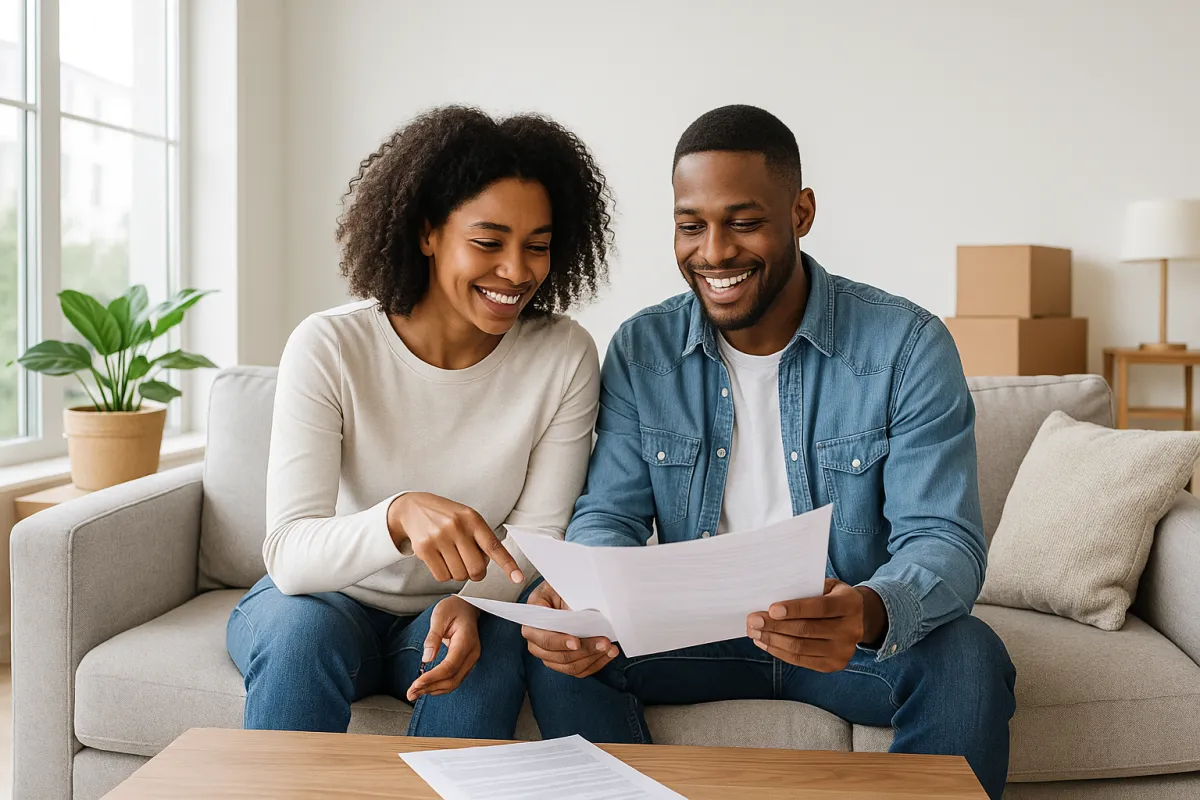 A cheerful, middle-aged man in business attire shakes hands with a homeowner on a sunny front porch. Both are smiling, and a clipboard with paperwork is visible. The scene conveys trust, professionalism, and relief. The background is a tidy, well-kept home exterior.