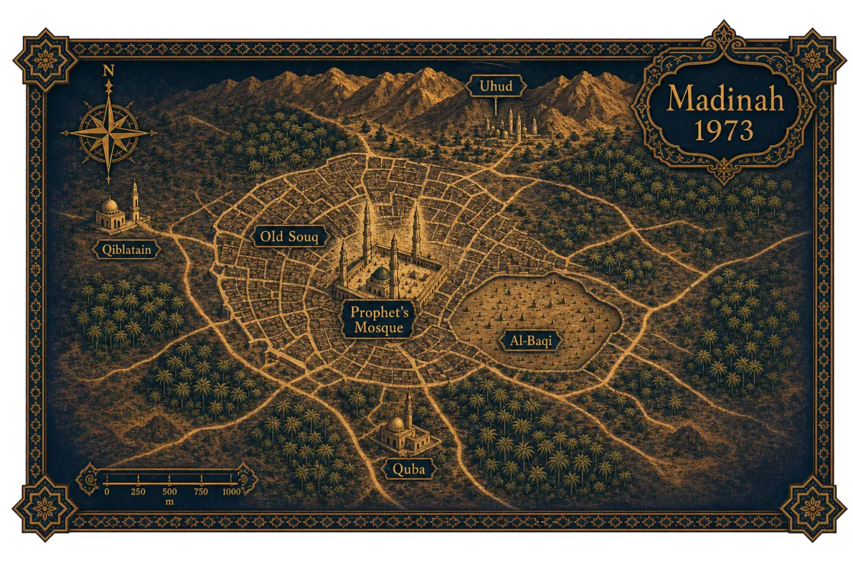 A map of 1970s Madinah the setting for The Rosewater Bookstore, Abeer N. Kashmeeri’s coming-of-age historical novel 
