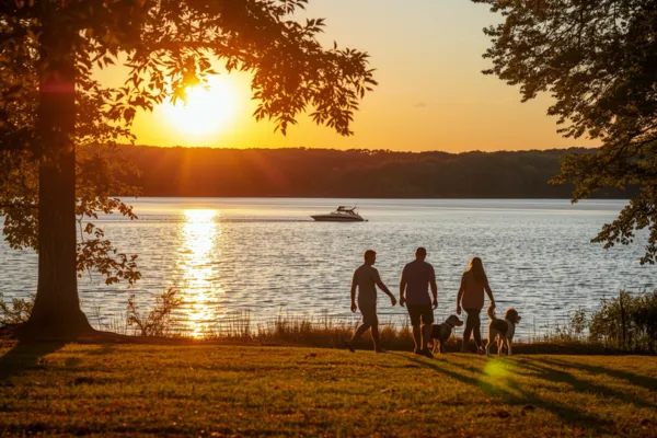 Scenic North and South Carolina neighborhood at sunset with families walking near Lake Norman, showcasing peaceful Southern living.