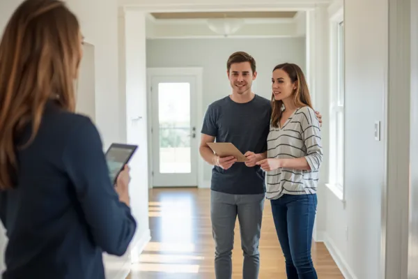 Young couple touring a modern Carolina home with a local real estate agent, smiling as they review home features.