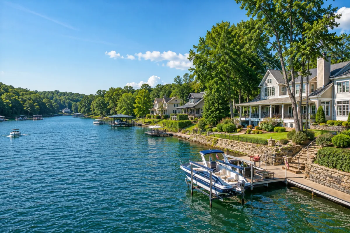 North Carolina lake lifestyle with waterfront homes, boats, private docks, blue water, and lush summer shoreline