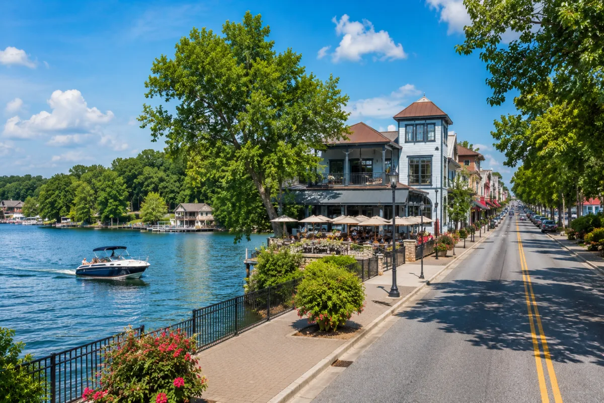 North Carolina summer landscape with blue lake water, boat, lush trees, Southern architecture, and outdoor recreation