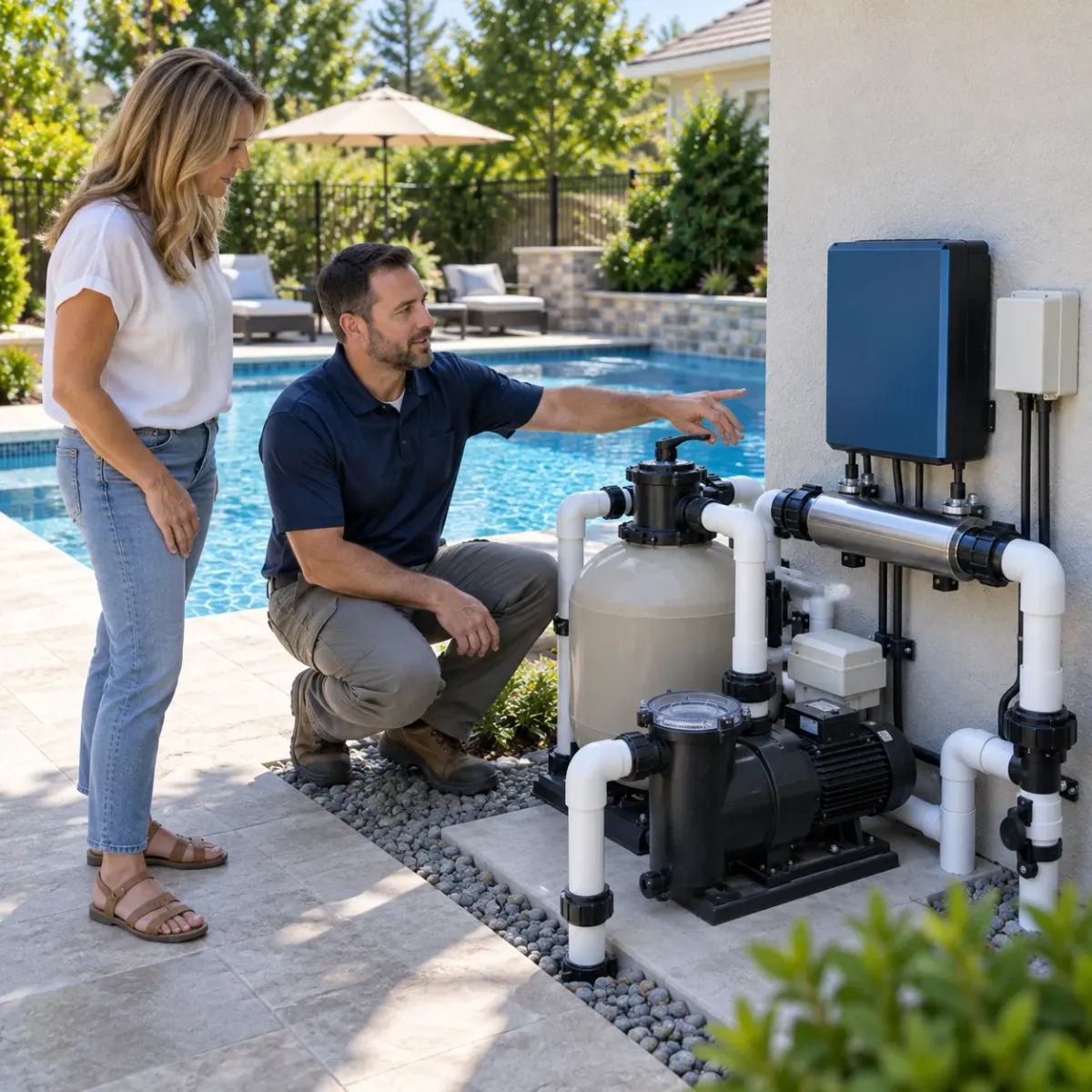 Residential pool equipment, water-testing tools and ownership context