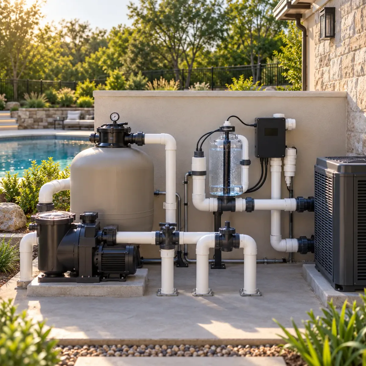 Fusion44X equipment integrated with residential pool circulation and filtration equipment
