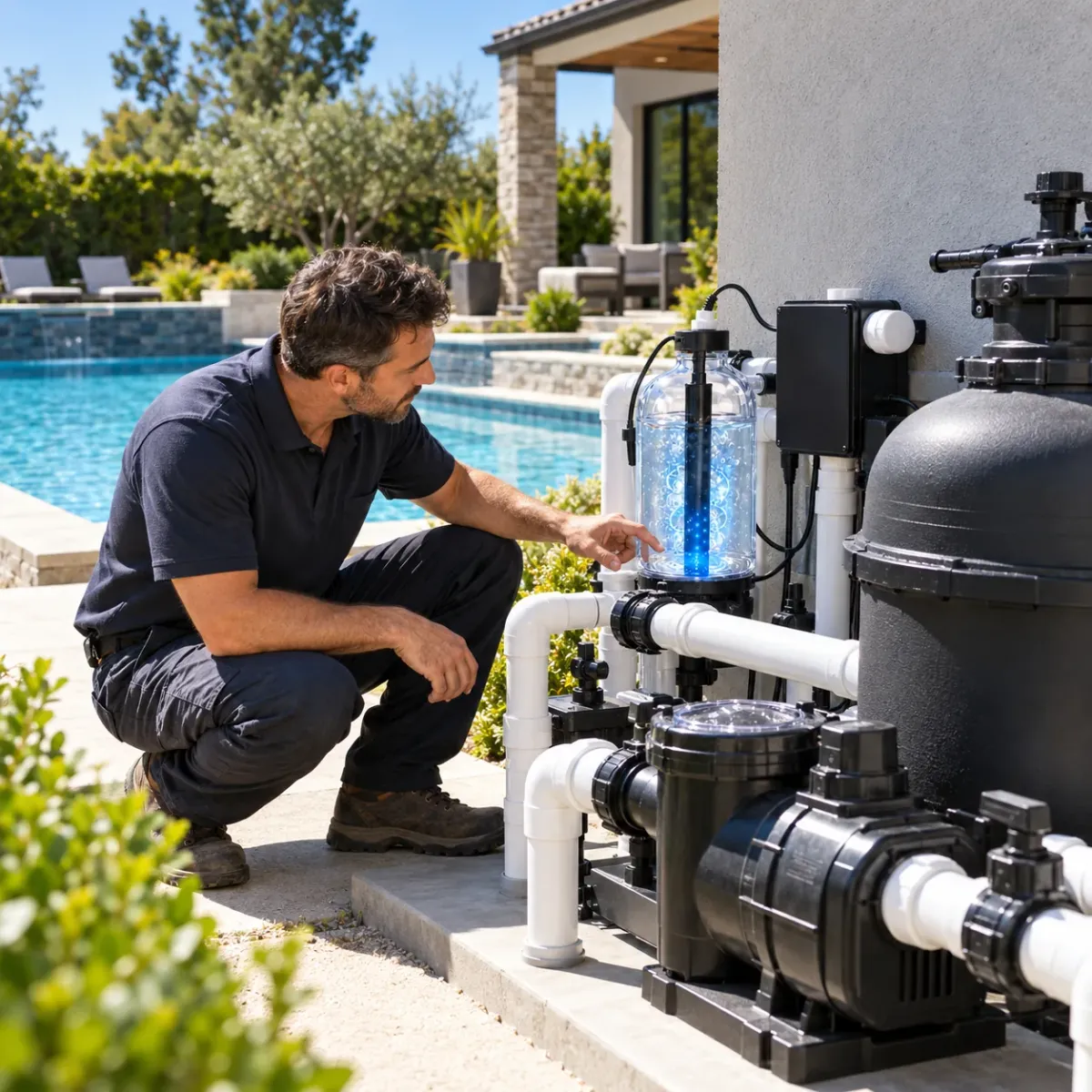 Pool professional evaluating equipment for a Fusion44X installation
