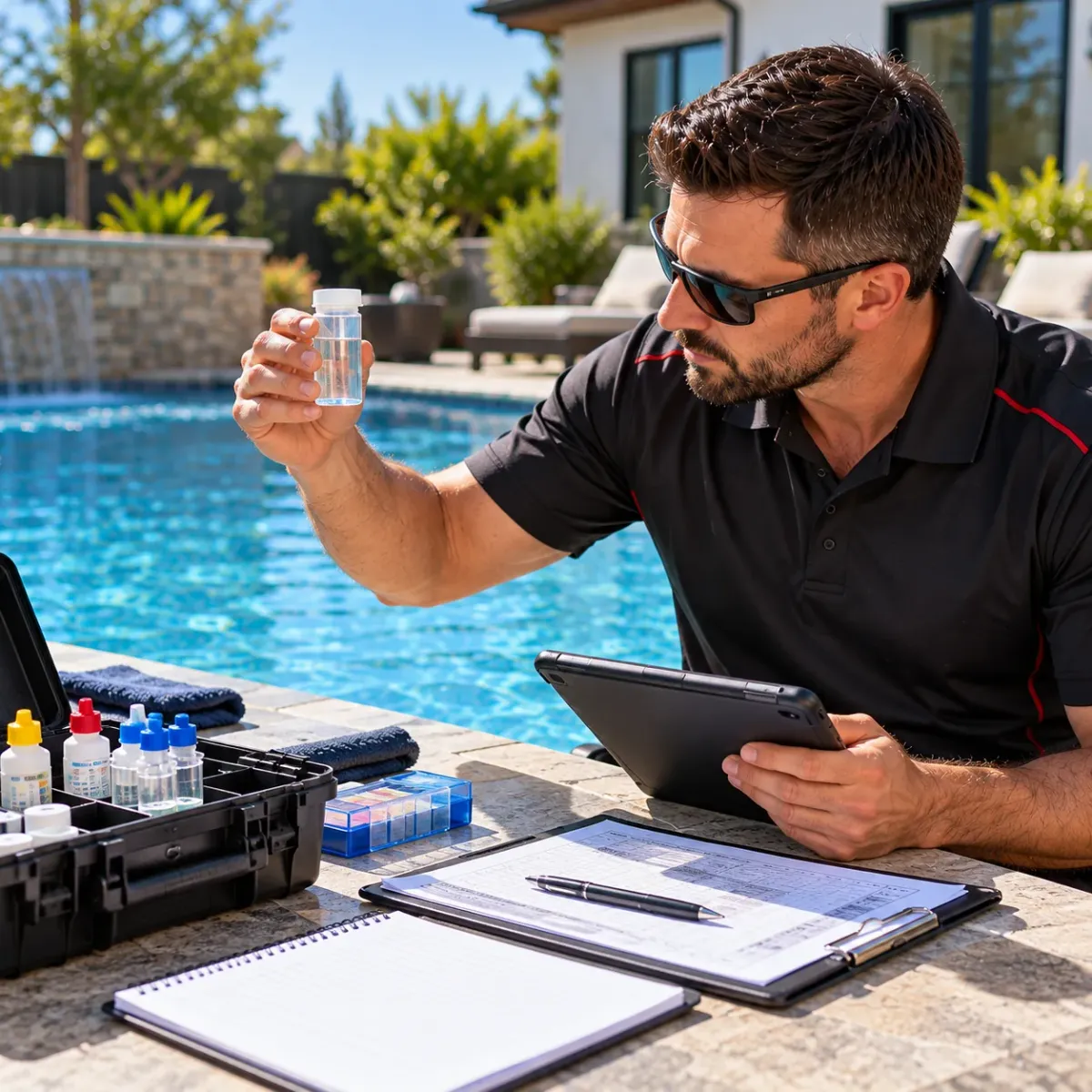 Pool professional performing routine pool-water testing