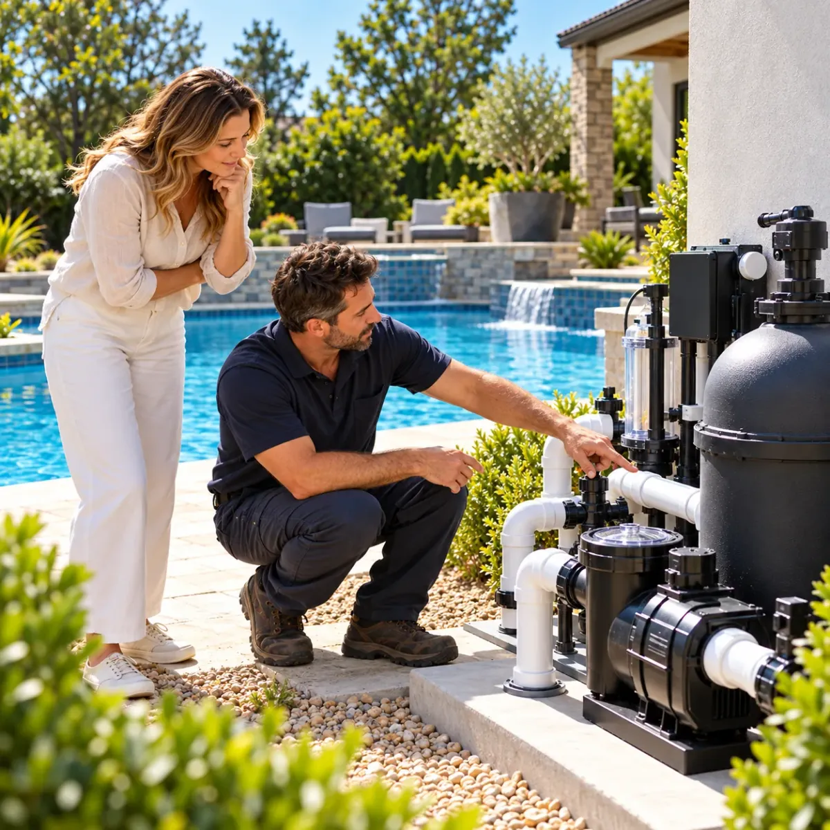 Fusion44X installer consultation at a residential pool equipment pad