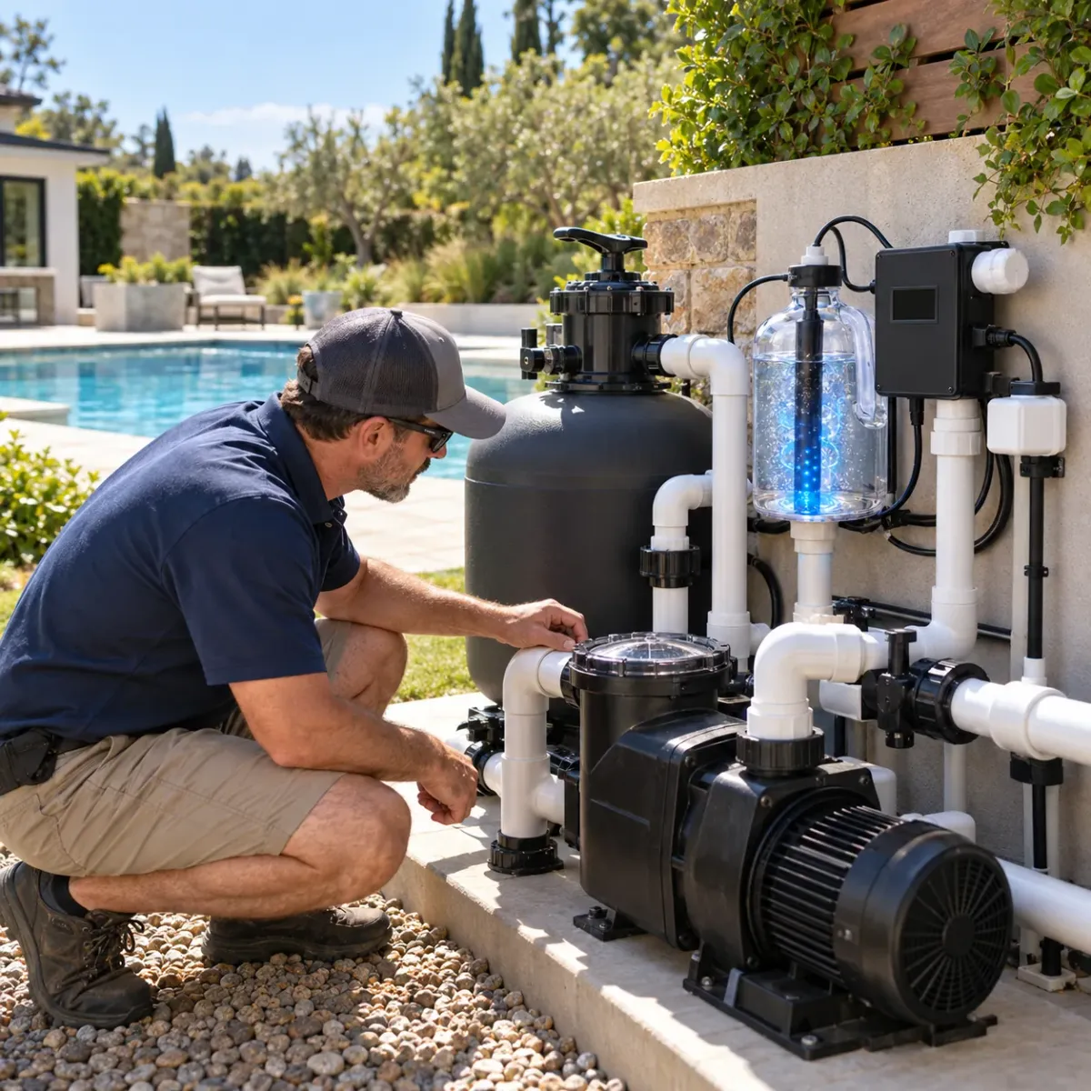 Pool professional inspecting equipment for a Fusion44X installation