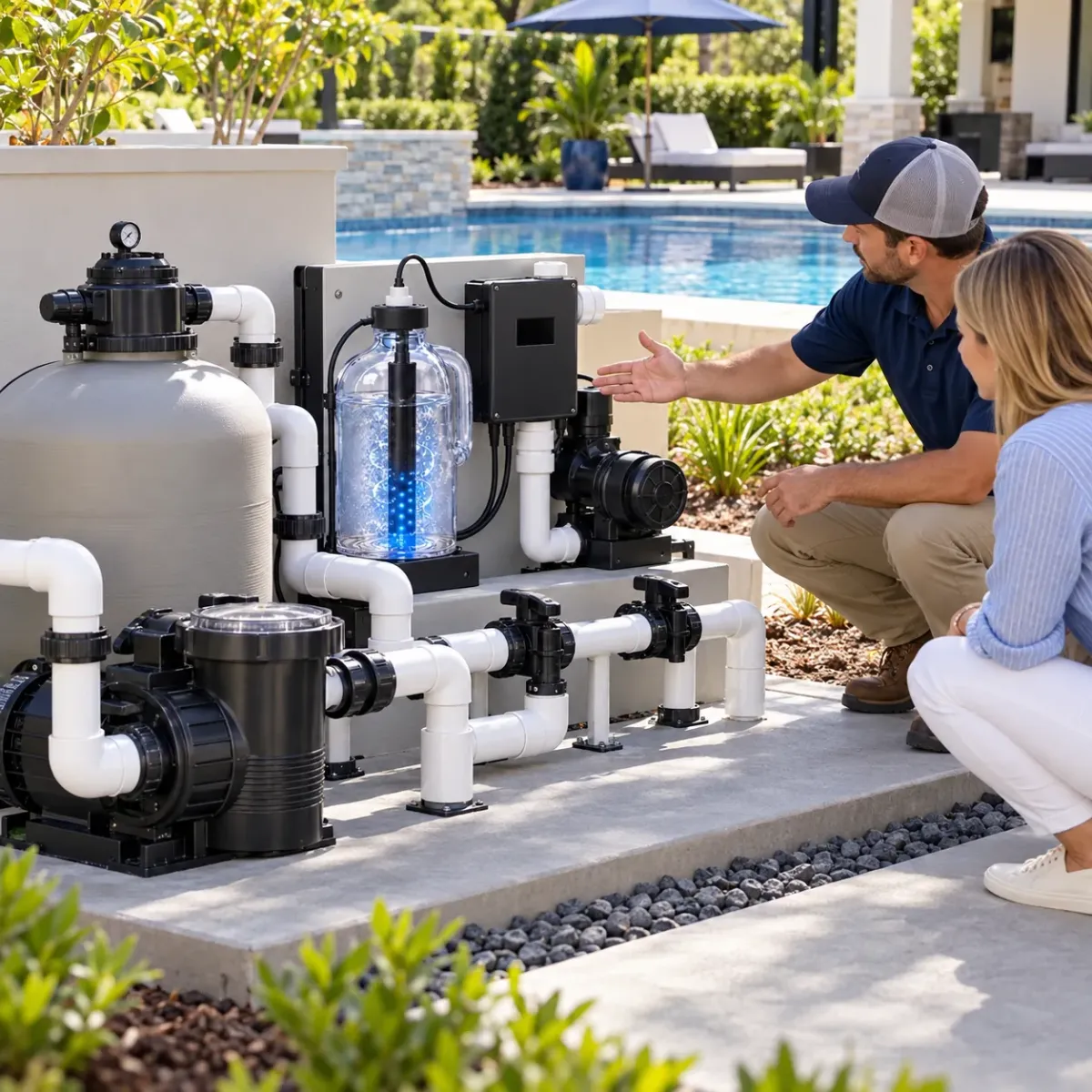Homeowner and pool professional reviewing equipment together