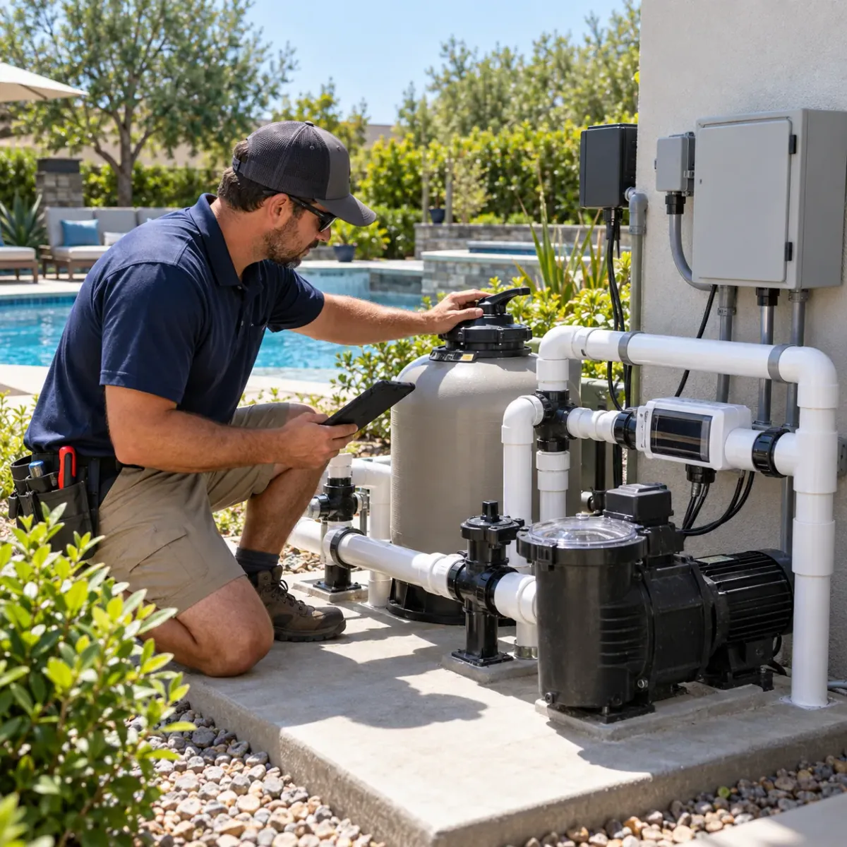 Pool professional evaluating existing pool equipment
