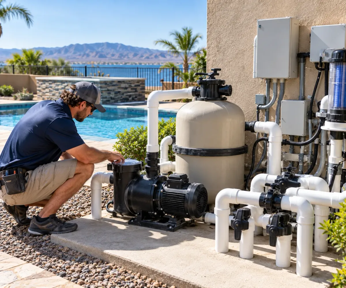 Pool professional evaluating circulation and filtration equipment