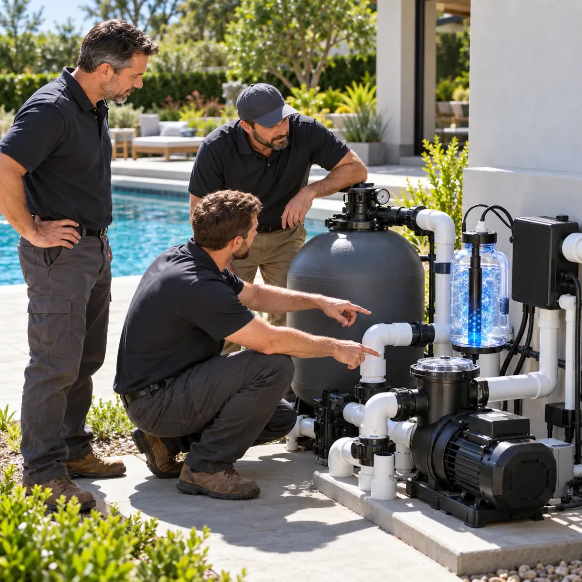 Pool professional working at residential equipment pad