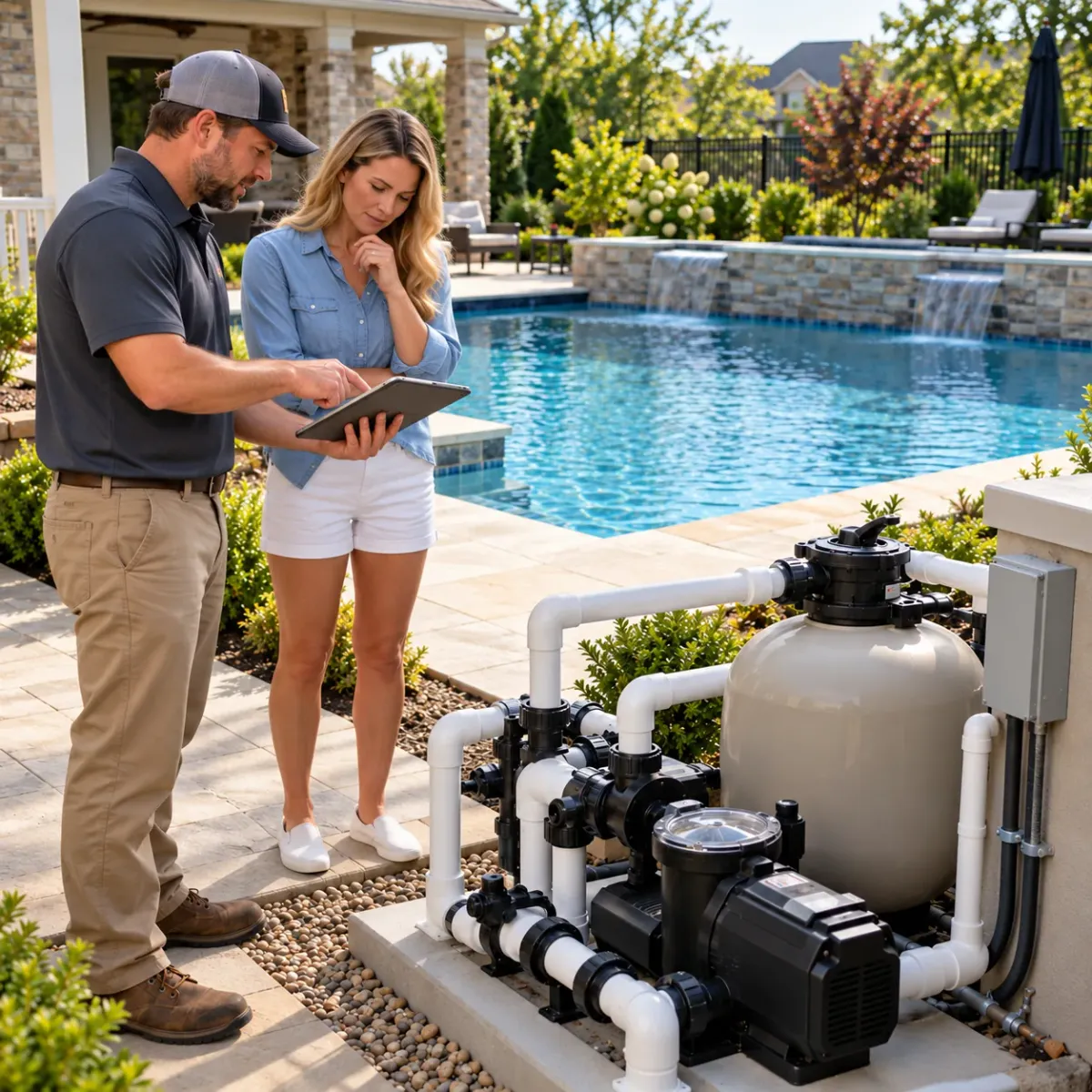 Homeowner and pool professional reviewing a Fusion44X project inquiry