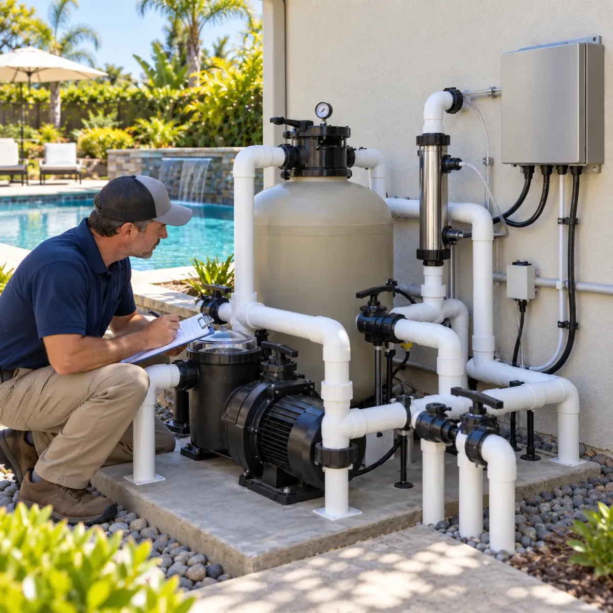 Pool professional evaluating an ozone pool for possible Fusion44X conversion