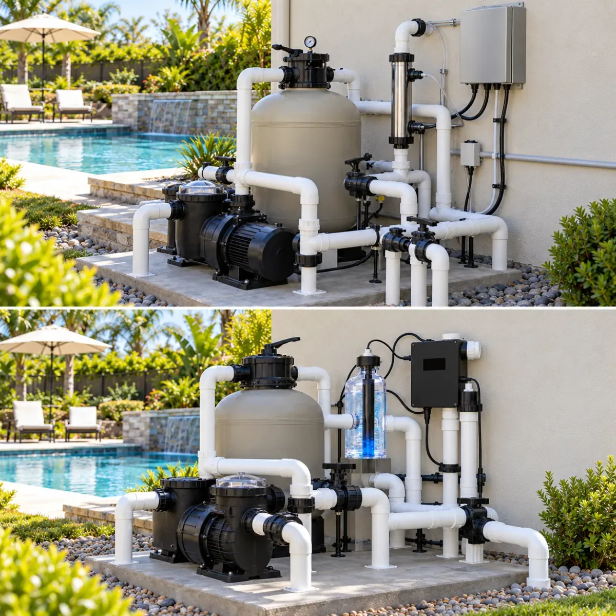 Side-by-side comparison of ozone pool equipment and Fusion44X equipment integration