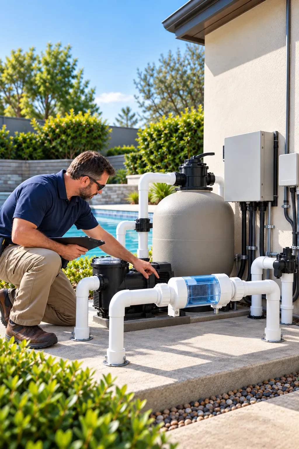 Pool professional evaluating a saltwater pool for Fusion44X conversion