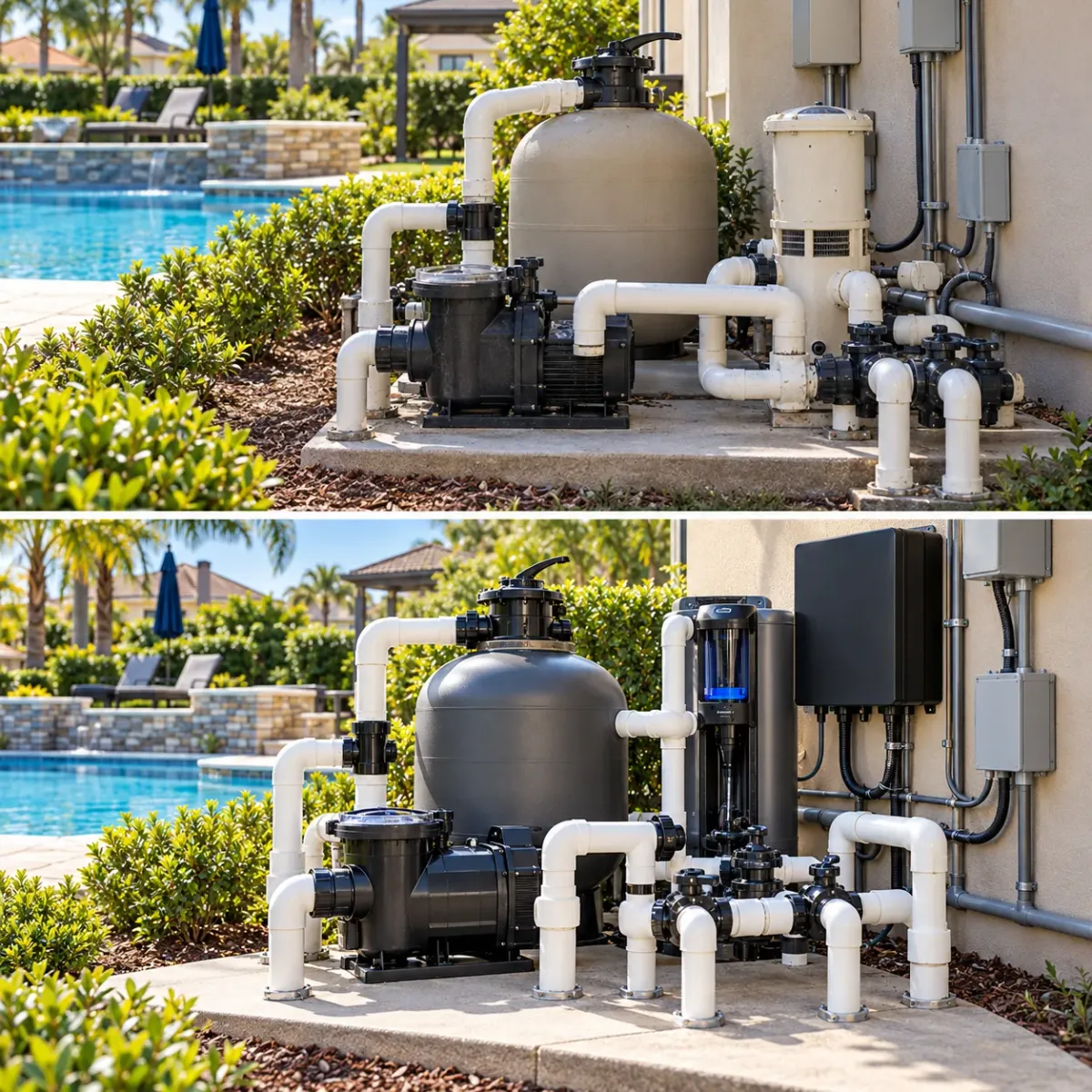 Conceptual before-and-after view of an existing pool equipment conversion