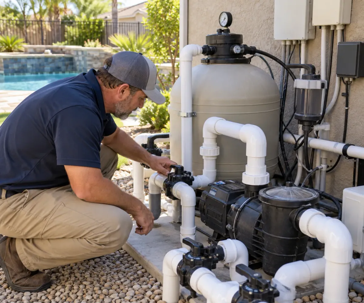 Pool professional inspecting existing equipment before a Fusion44X conversion
