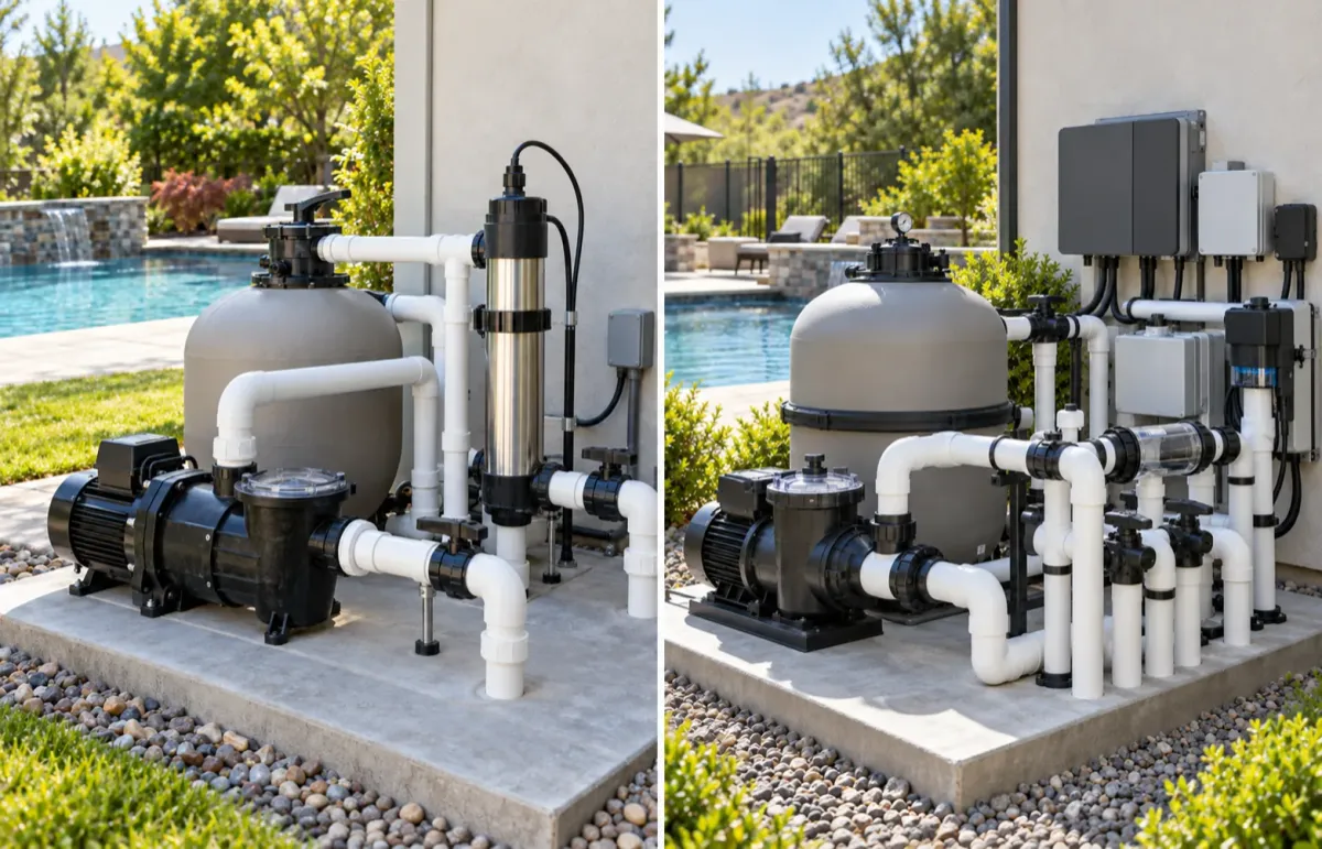 Side-by-side comparison of UV pool equipment and Fusion44X equipment integration