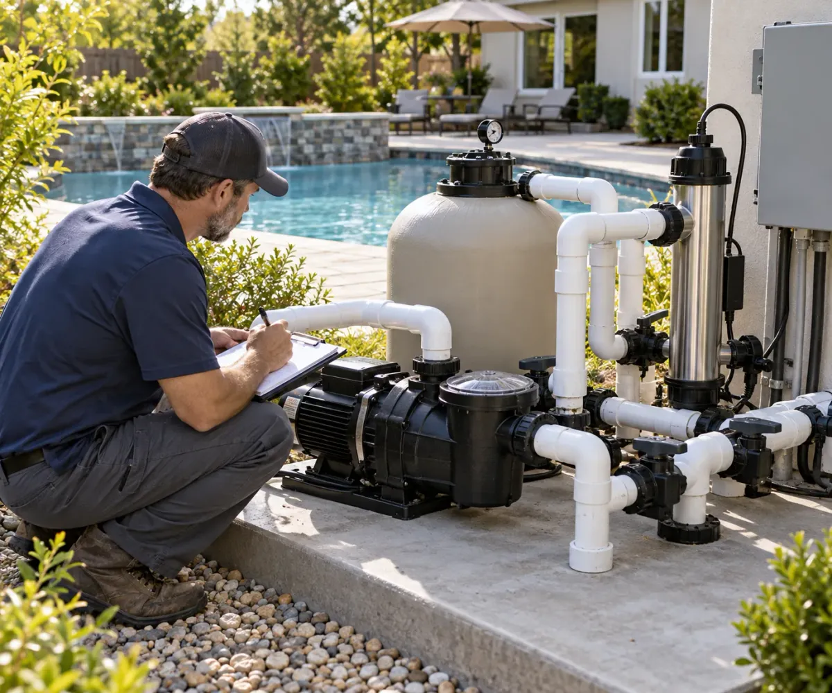 Pool professional evaluating a UV-equipped pool for conversion