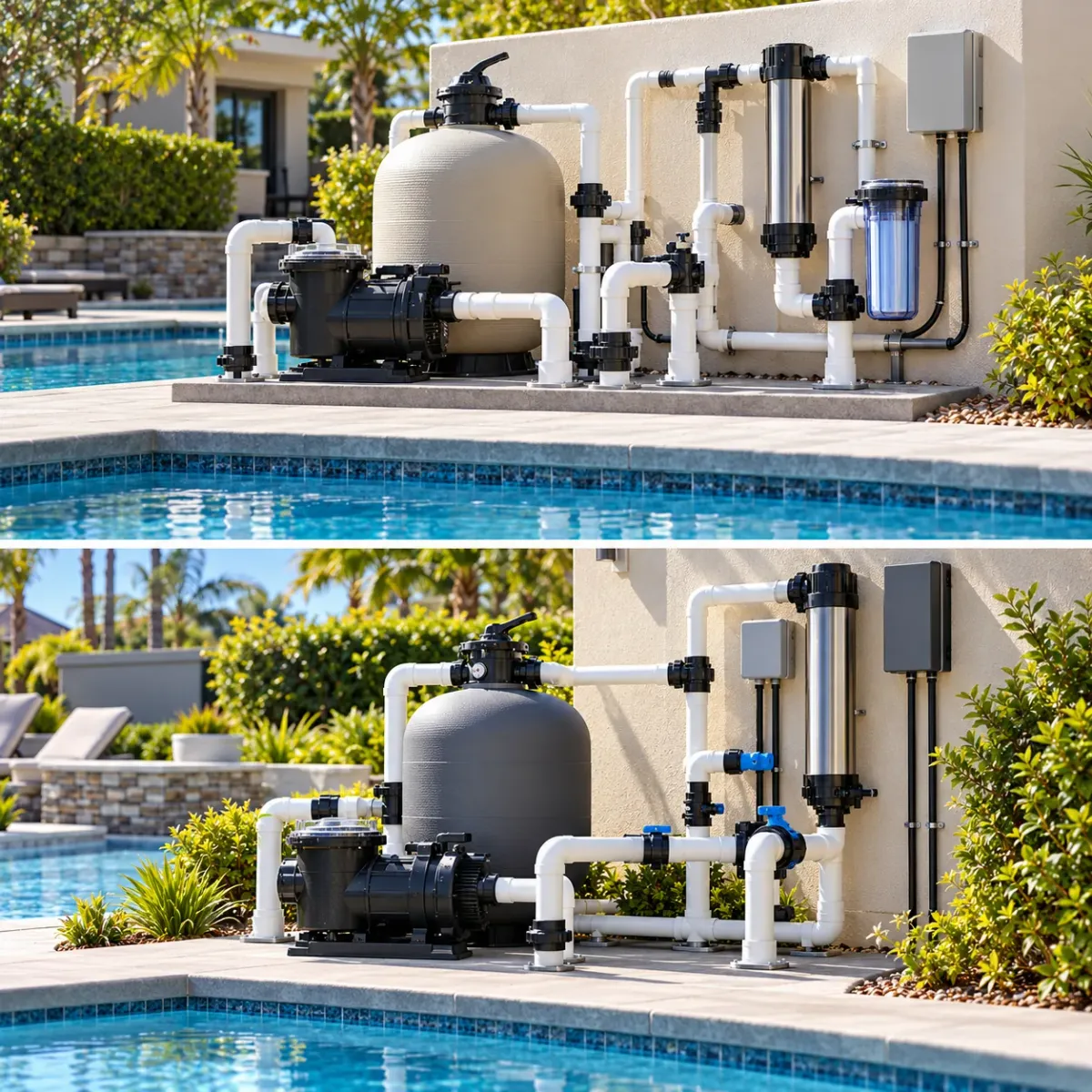 Top-bottom comparison of mineral pool equipment and Fusion44X equipment integration