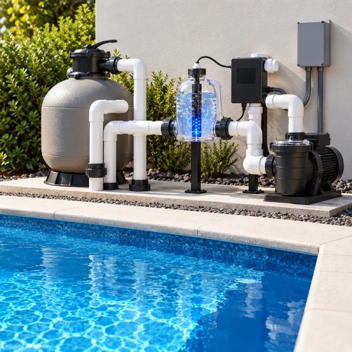 Fusion44X equipment beside residential pool plumbing