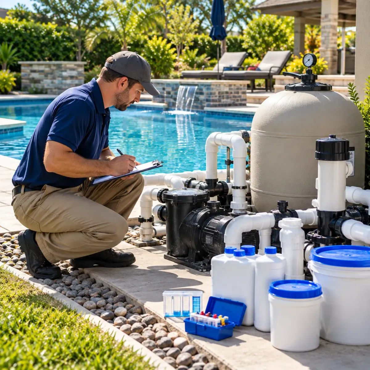 Pool professional reviewing water-test information and equipment