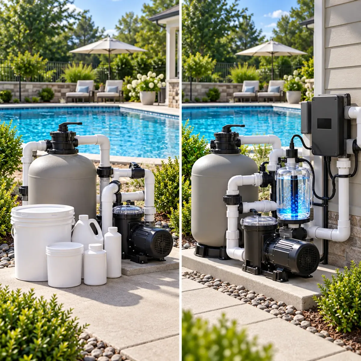 Side-by-side comparison of a biguanide treatment program and Fusion44X pool equipment