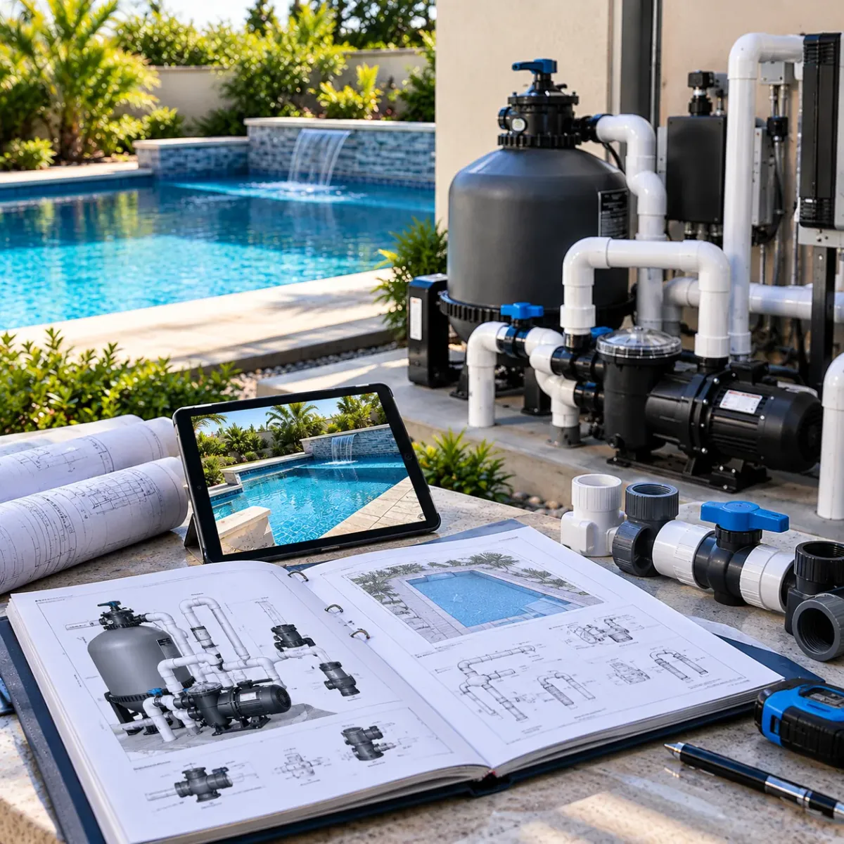 Depicting an installation guide beside residential pool equipment.