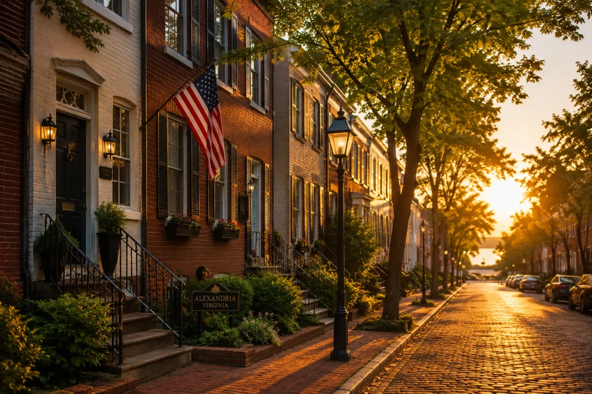 Stylish Alexandria VA townhouse street at golden hour