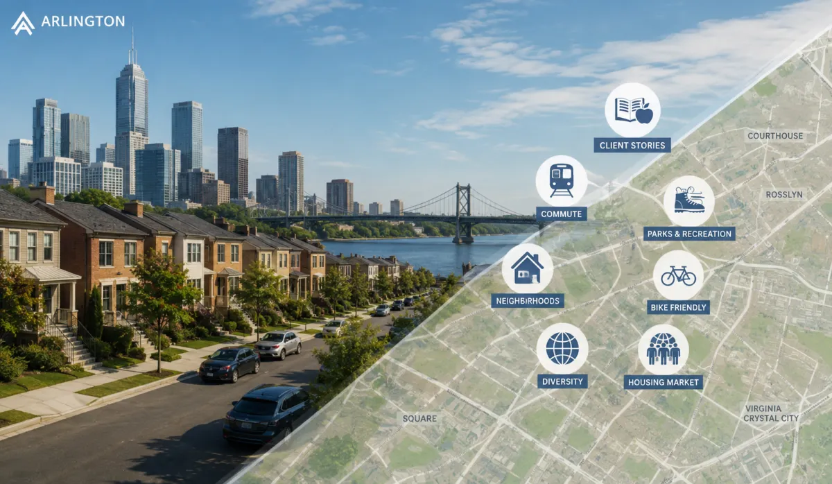 Skyline and residential neighborhoods in Arlington, Virginia highlighting local communities, parks, transit, housing, and lifestyle.