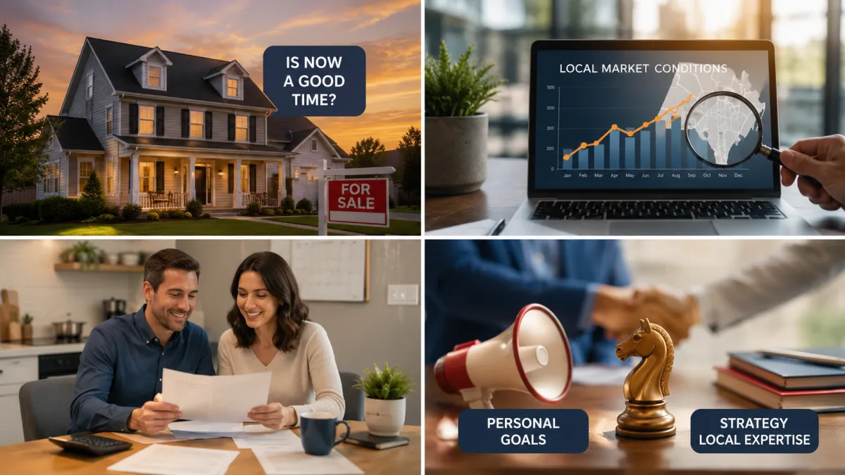Collage featuring a Fairfax, VA home for sale, local real estate market analysis, home sellers reviewing pricing strategies, and expert guidance from The Mike Webb Team.