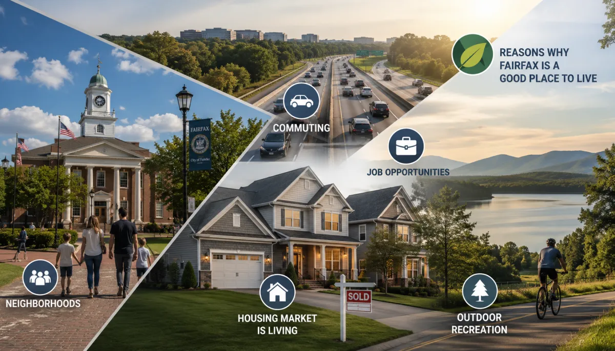 Photorealistic collage showcasing Fairfax, VA neighborhoods, local housing market, commuting, outdoor recreation, and community lifestyle for families considering moving to Fairfax, Virginia.