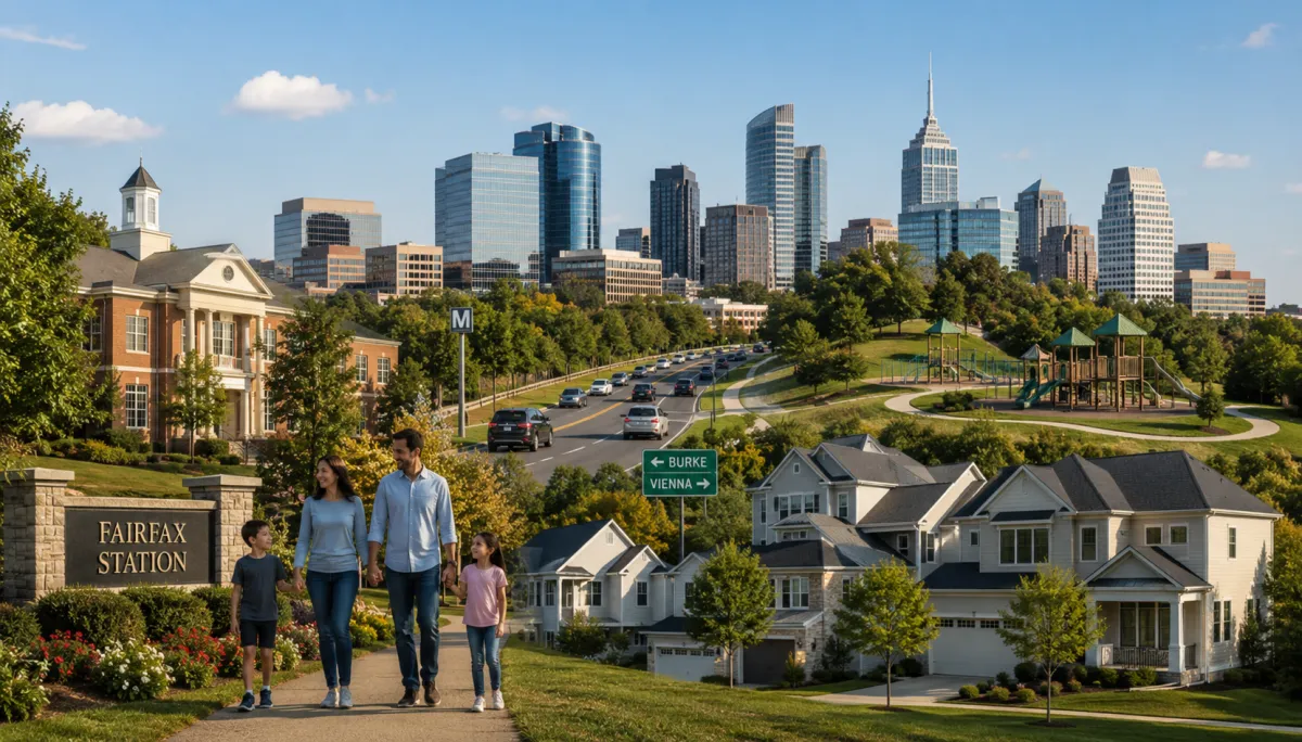 Panoramic view of Fairfax, Virginia featuring family-friendly neighborhoods, modern homes, parks, commuter routes, and the Fairfax skyline, illustrating why Fairfax is a great place for families to live.